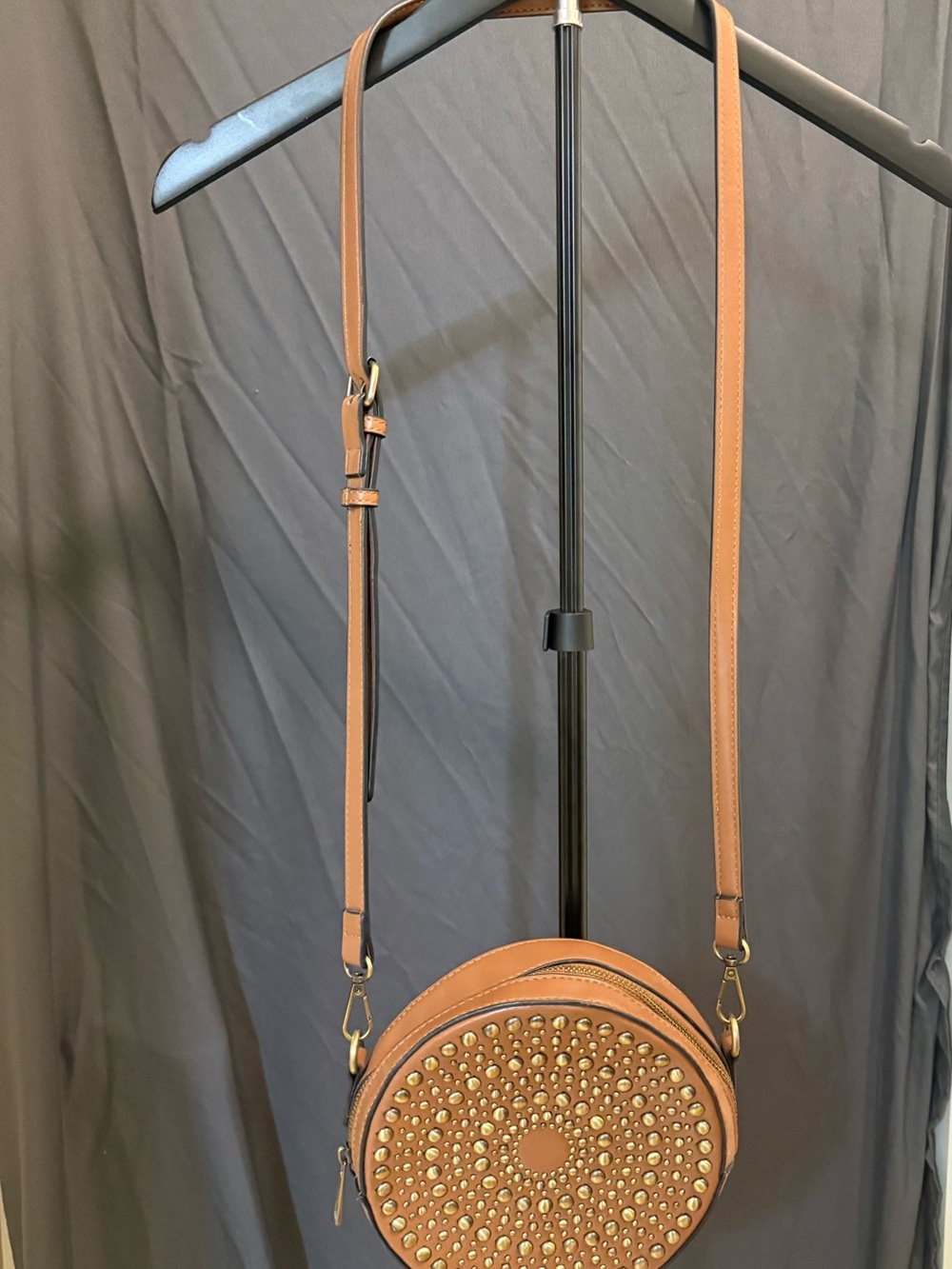 VENUS Cognac Round Studded Crossbody Bag
